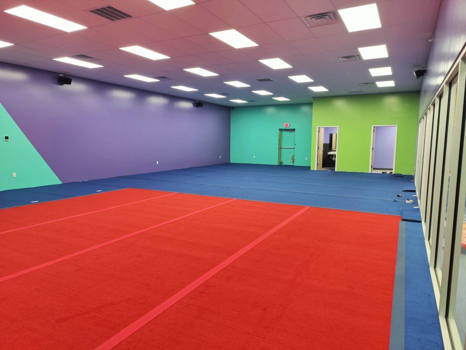 Colorful gym flooring installation in Texas 
